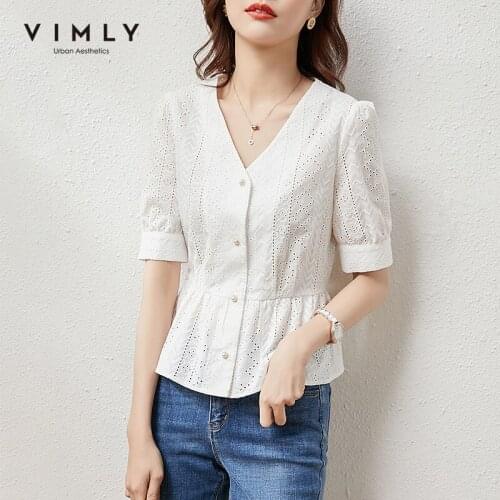 VIMLY Summer Womens Blouse Elegant V Neck Half Sleeve Button up Shirts Office Lady Lantern Sleeve Vintage Blouses Tops F7067