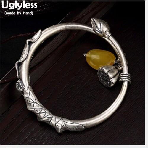 Uglyless Real Solid 990 Fine Silver Charms Lotus Bangles for Women Natural Amber Ethnic Bangle Push-Pull Bracelets Fine Jewelry