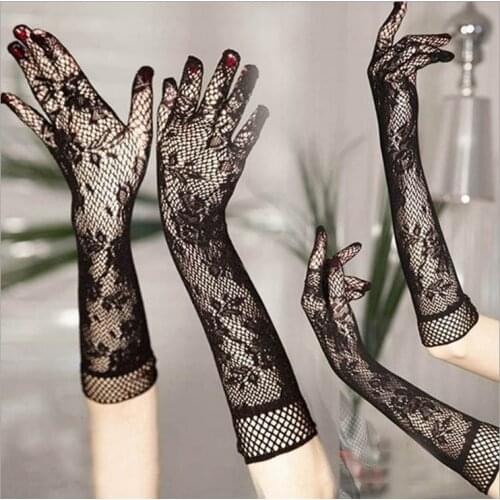 Black Sexy Elastic Mesh White Lace Gloves Sunscreen Long Gloves Stylish Section