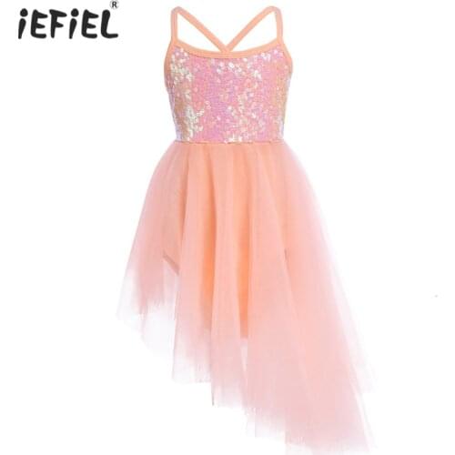Kids Girls Sleeveless Ballet Dance Gymnastics Leotard Tulle Dress Girls Sequins Soft Ballet Dancewear Girls Performance Costume