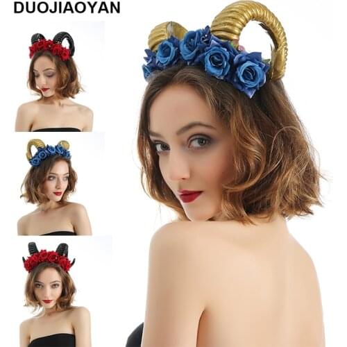 DUOJIAOYAN New design Halloween Cosplay Sheep Horn Hair hoop Ornament Novelty Costume Rose flower Hairband Horn Headband