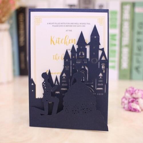 50pcs dark navy blue trifold pocketfold Wedding invitation Cards three fold pocket Laser Cut castle invite Greeting Covers party