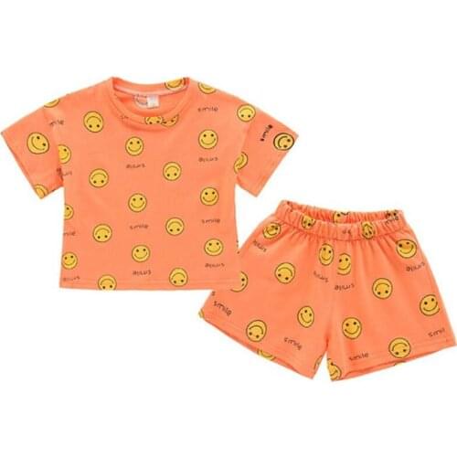DFXD 2020 Summer Casual Childrens Set Baby Boys Girls Smile Print Short Sleeve T-shirt+Shorts 2pc Kids Outfit Suit Set For 2-7T