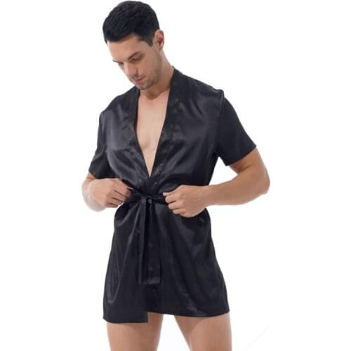Fashion Plus Size Men Satin Kimono Night-Robe Summer Nightwear See-Through Floral Lace Patchwork Back Sleepwear Belt Bathrobe