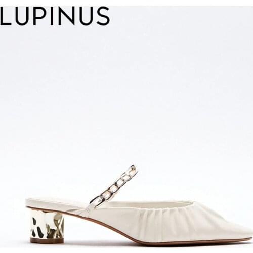 LUPINUS Fashion Pleated Design Women Sandals Chic Gold Chain Pointed Toe Women High Heel Metal Heel Women Casual Mules 2021 New