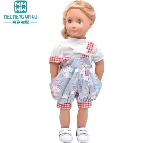 Fit 45cm American Doll clothes Fashion Cartoon strap set jacket dress Denim shorts Toys Girls gift