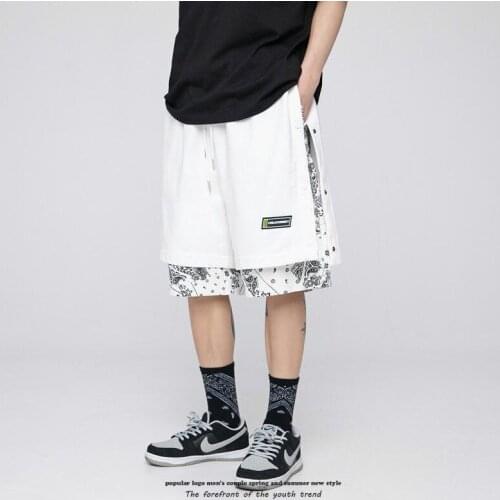 Breasted Shorts Mens Summer Hip-hop Cashew Flower Stitching Loose Trend Fake Two-piece Casual Five-point Pants Sweat Shorts