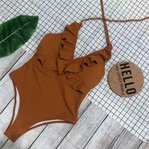 Solid bodysuit black one piece swimsuit ruffle swimwear deep V bathing suit bathers hollow beachwear bandage maillot de bain