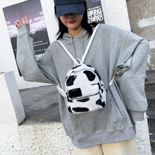 Autumn Winter Soft Plush Women Mini Backpack Vintage Cow Pattern Female Fashion Small Knapsack Casual Shoulder Crossbody Bags
