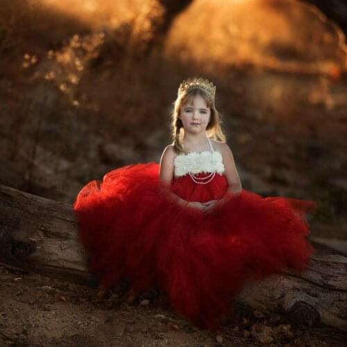 Girls Red Vintage Flower Tutu Dress Kids Tulle Dress Long Ball Gown with Pearls Children Birthday Party Banquet Costume Dresses