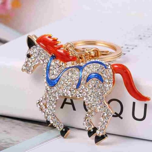 Full rhinestone stripe horse bag pendant metal car key chain red mane red tail alloy key chain