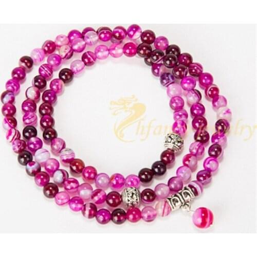 Dropship 6MM Rose Red Striped Onyx 108 Bless Mala Yoga Healing Real Energy Stone Beads Necklace Fashion Women Meditation Jewelry