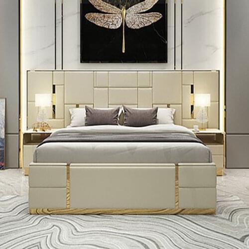 Light luxury ins net red double Hong Kong style cowhide bed high back Italian Nordic master bedroom leather bed Postmodern