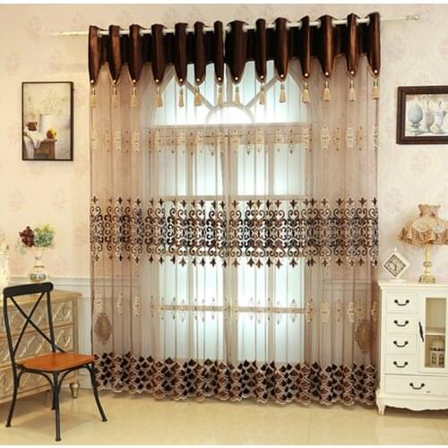 Luxury Brown Embroidery Delicate Bedroom Windows Voile Gauze Drapes Classic European Beige Valance Curtains For Living Room #3