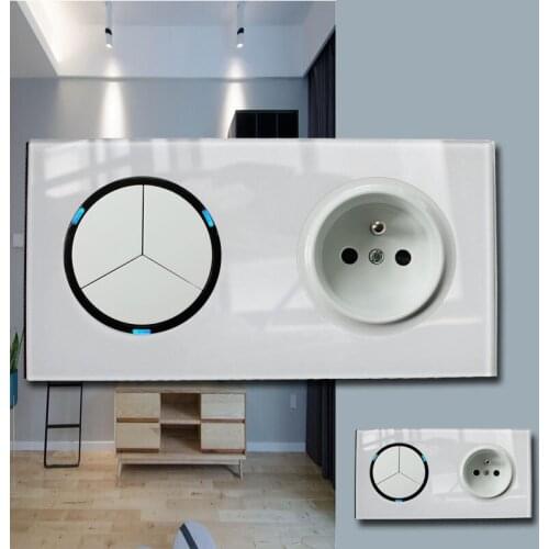 146 Type 3 gang 2 way French Crystal Tempered Pure Glass Panel 13a Double Eu Standard Wall Power Socket Grounded white switch