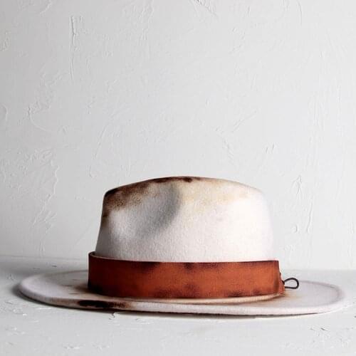 100% Wool Retro Women Men Fedora Hat Distressed Wide Brim Jazz Hat Lady Felt Church Hat Handma Old Fire Process Size 56-58CM