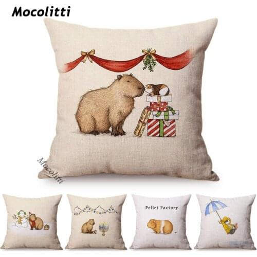 Cute Cartoon Christmas Decorative Sofa Throw Pillow Case Lovely Guinea Pig Friendly Greetings Cotton Linen Square Cushion Cover