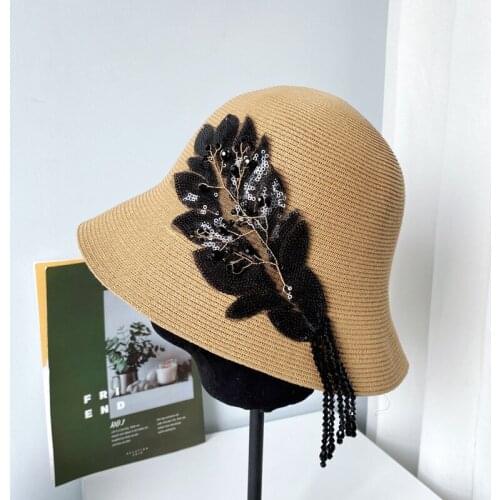 New Trend Summer Sequined Leaves Tassels String Beads Casual Paper Straw Hat For Women Elegant Lady Bucket Hat Basin Cap Vintage