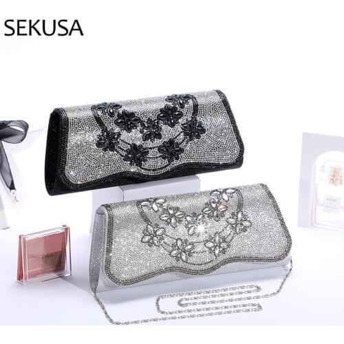 Flower Sequined Banquet Women Evening Bags Black Silver Small Day Clutch With Chain Shoulder Handbags Purse Bag