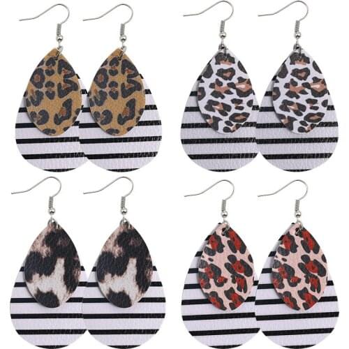 Personally Striped Leopard Print PU Leather Earrings Double Layers Leaf Teardrop Water Drop Earrings for Women Fashion Jewelry