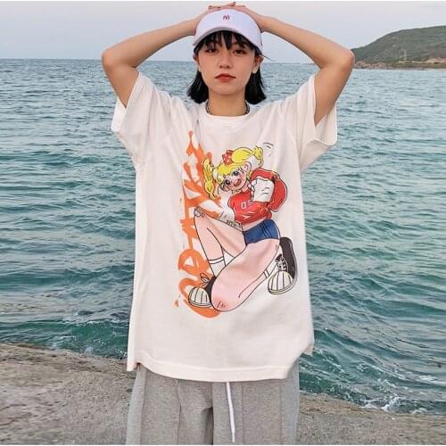 Japan Fashion Harajuku Shirts Anime Girl Print White Cotton Loose Graphic Tees Short Sleeve Summer Street Style Women Tshirts
