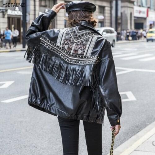 Embroidery Tassel Rivet Leather Jacket Woman Coat Korean 2020 Autumn Black Clothes Biker Long Sleeve Chic Chaqueta Vaquera Mujer