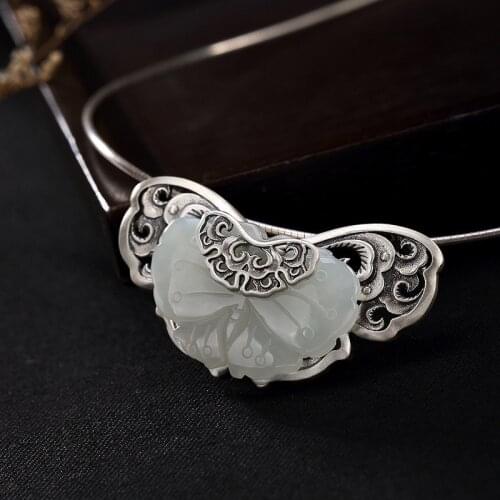 925 Sterling Silver Brooch Jewelry Luxury Women Brooches Chinese Jade Butterfly Auspicious Cloud Vintage Pendant Birthday Gift