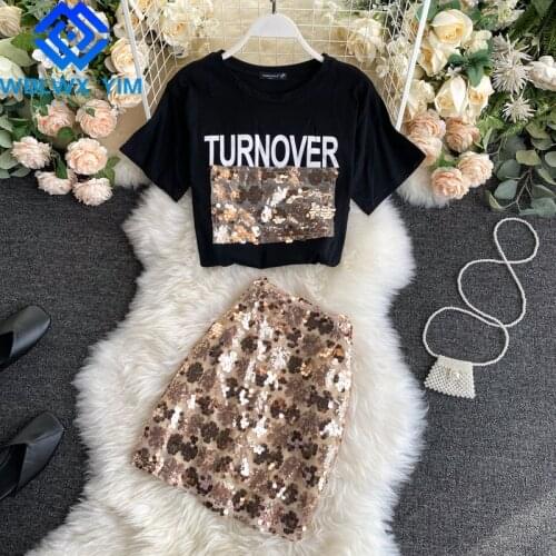 Summer Sequin Decoration Two piece set Female Fashion Letter Print Short T-Shirt And High waist Mini Skirt 2 piece set Women