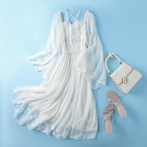 High Quality Summer Dress 2021 100% Silk White Beach Dresses for Women Elegant Midi Dress Female Vestido De Mujer Pph4366