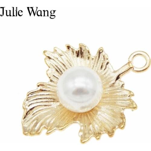 Julie Wang 10PCS Golden Maple Leaf Charm With Man-made Pearl Alloy Neckalce Pendant Earrings Findings Jewelry Making Accessory