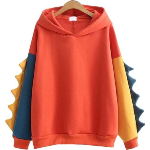 Winter Fleece Japanese Kawaii Hoodie Womens Clothing Sweatshirt Splicing Harajuku Dinosaur One Size Long Sleeve Femme Pullover