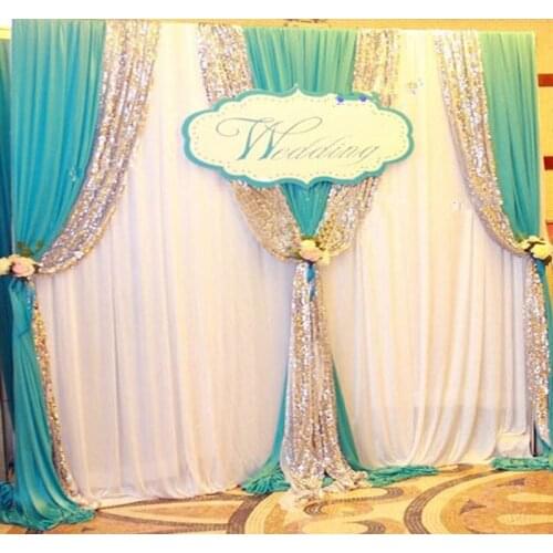 10ftX20ft Luxury sequin edge wedding backdrop white curtain with Swags stage party birthday wall decoratons props