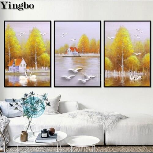 3pcs/set Diamond Mosaic Swan Lake scenery Cross Stitch Diamond Embroidery full square/round Diamond Painting Rhinestone Pictures