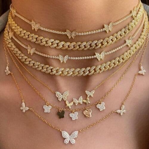 2020 New Iced Out CZ Tennis Chain Butterfly Necklace Choker Animal Charm Gold Silver Color Necklaces Women Fashion jewelry