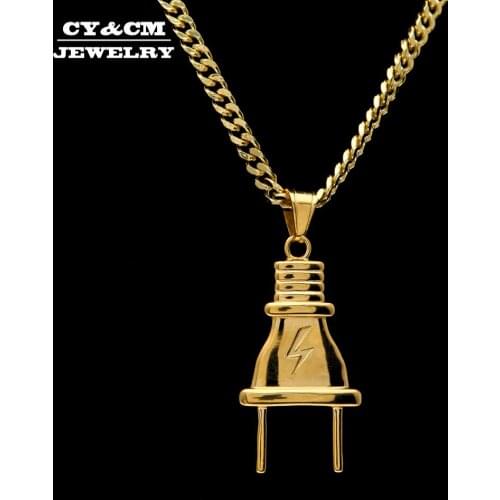 CY&CM Men Women Gold Lightning Plug Pendant Stainless Steel Gold Color Bling Hip hop Necklace Cuban Chain Fashion Punk Jewelry