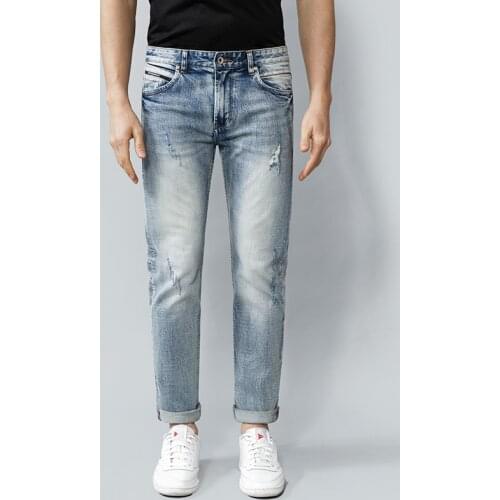 European Vintage Fashion Men Jeans High Quality Retro Light Blue Slim Ripped Jeans Men Plain Designer Casual Redline Denim Pants