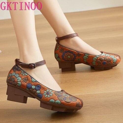 GKTINOO High Heels Pumps Women Shoes 2021 New Spring Genuine Leather Buckle Strap Retro Round Toe Casual Platform Ladies Shoes
