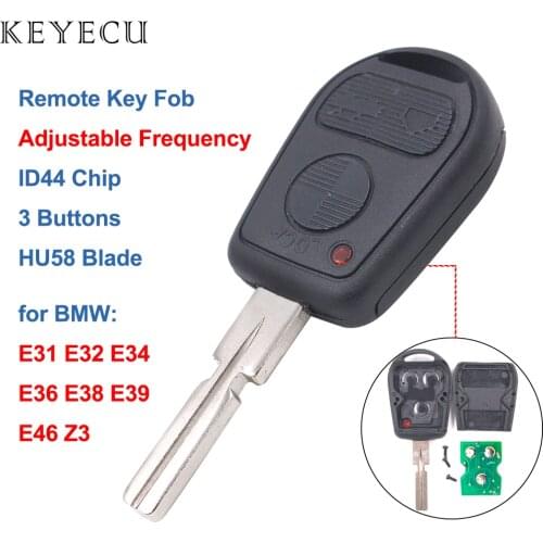 Keyecu Remote Key Fob 3 Buttons ID44 Chip HU58 Blade for BMW E31 E32 E34 E36 E38 E39 E46 Z3 - Adjustable Frequency 315 / 433Mhz