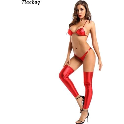 TiaoBug Women Lace-Up Lingerie Set Costume Nightwear Shiny Metallic Patent Leather Bikini Bra Briefs Underwear With Leg Sleeve