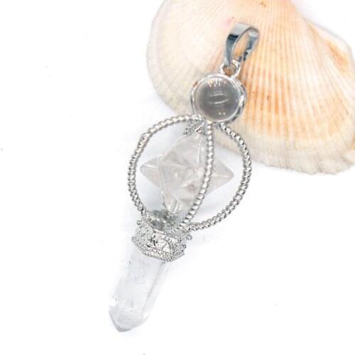 Trendy-beads Silver Plated MerKaBa Hexagon Column Natural Rock Crystal Pendant For New Year Sceptre Jewelry