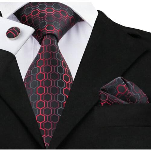 SN-584 Black Dimgray Red Geometric Tie Hanky Cufflinks Sets Mens 100% Silk Ties for men Formal Wedding Party Groom