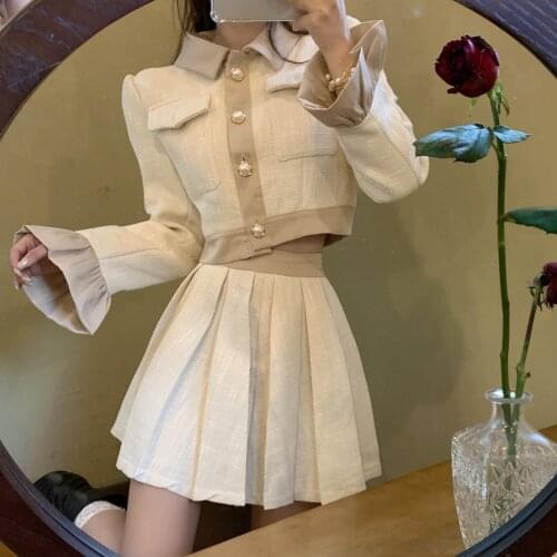 Autumn 2021New Elegant Two piece set Women Chic Flared Sleeves Single-Breasted Short Coat Tops+High waist A-line Mini Skirt Suit