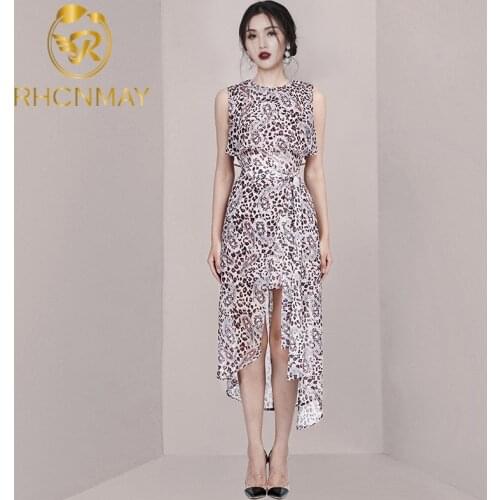 2020 Summer New Sexy O Neckline Dress Sleeveless Leopard Print Asymmertrical Bow Sashes Chifon Midi Dress Causal Style
