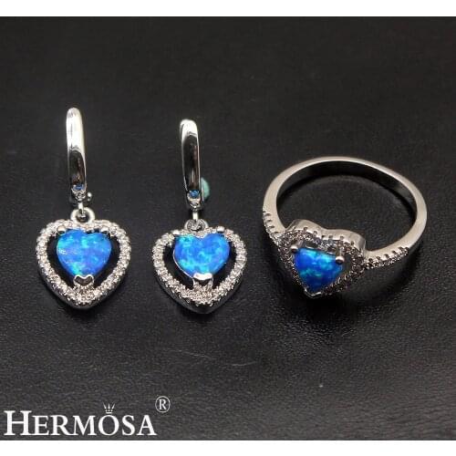 Hermosa Heart Blue Fire Australian Opal Silver Color Earrings Ring Sets Size 6/7/8 Pretty Women Party Jewelry Cute Gift