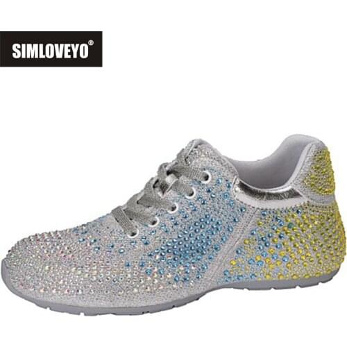 SIMLOVEYO 2021 Fashion Crystal Women Sneakers Leather Lace-Up Round Toe Rubber Spring Autumn 1cm Heel Leisure Women Flat Shoes