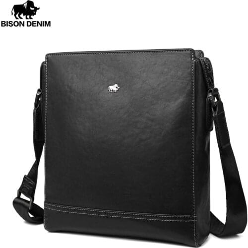 BISON DENIM Men Messenger Bags Luxury Genuine Leather Men Bag Designer Sewing High Quality Shoulder Bag Zipper Office Bag N20015
