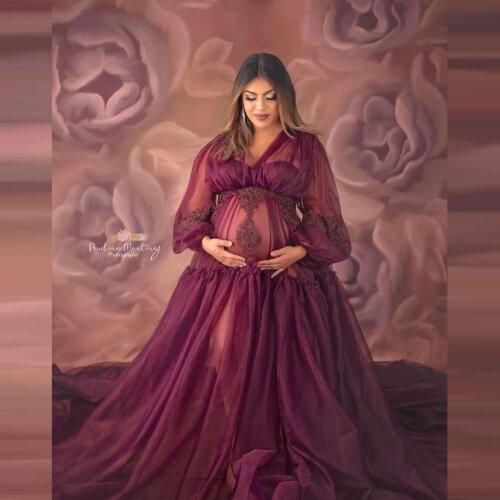 See Thru Burgundy Tulle Lace Applique Beades Maternity Dress For Photo Shoot Long Sleeves V-neck Women Gowns Pregnancy Clothes