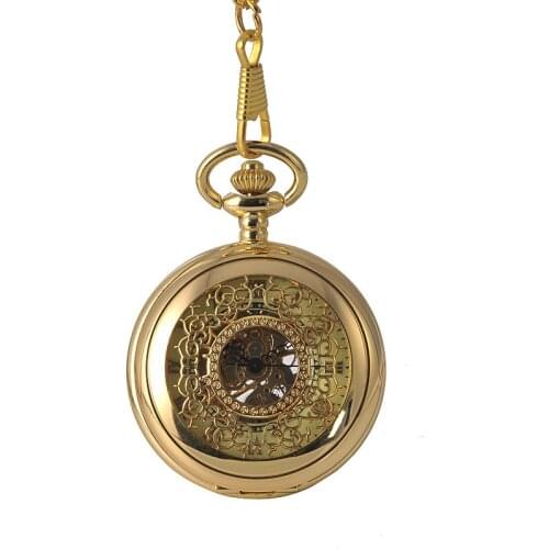 Vintage Gold Hollow Flower Steampunk Roman Dial Pocket Watch Mechanical Hand Wind Skeleton Men Women Gift With Chain