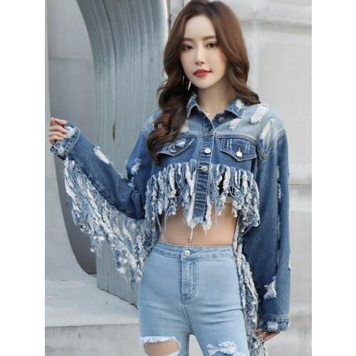 2021 Spring Denim Jacket Autumn Women Personality Street Style Short Denim Jacket Tassel Holes Outerwear Top