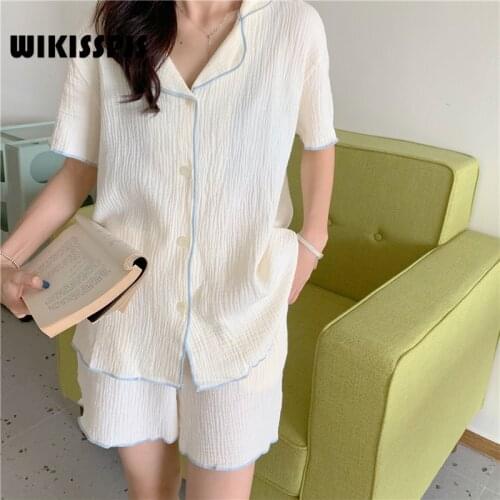 WIKISSPJS 2021 Summer Solid Color Womens Short Sleeved Pajamas Korean Version New Sweet and Simple Princess Style Home Clothes